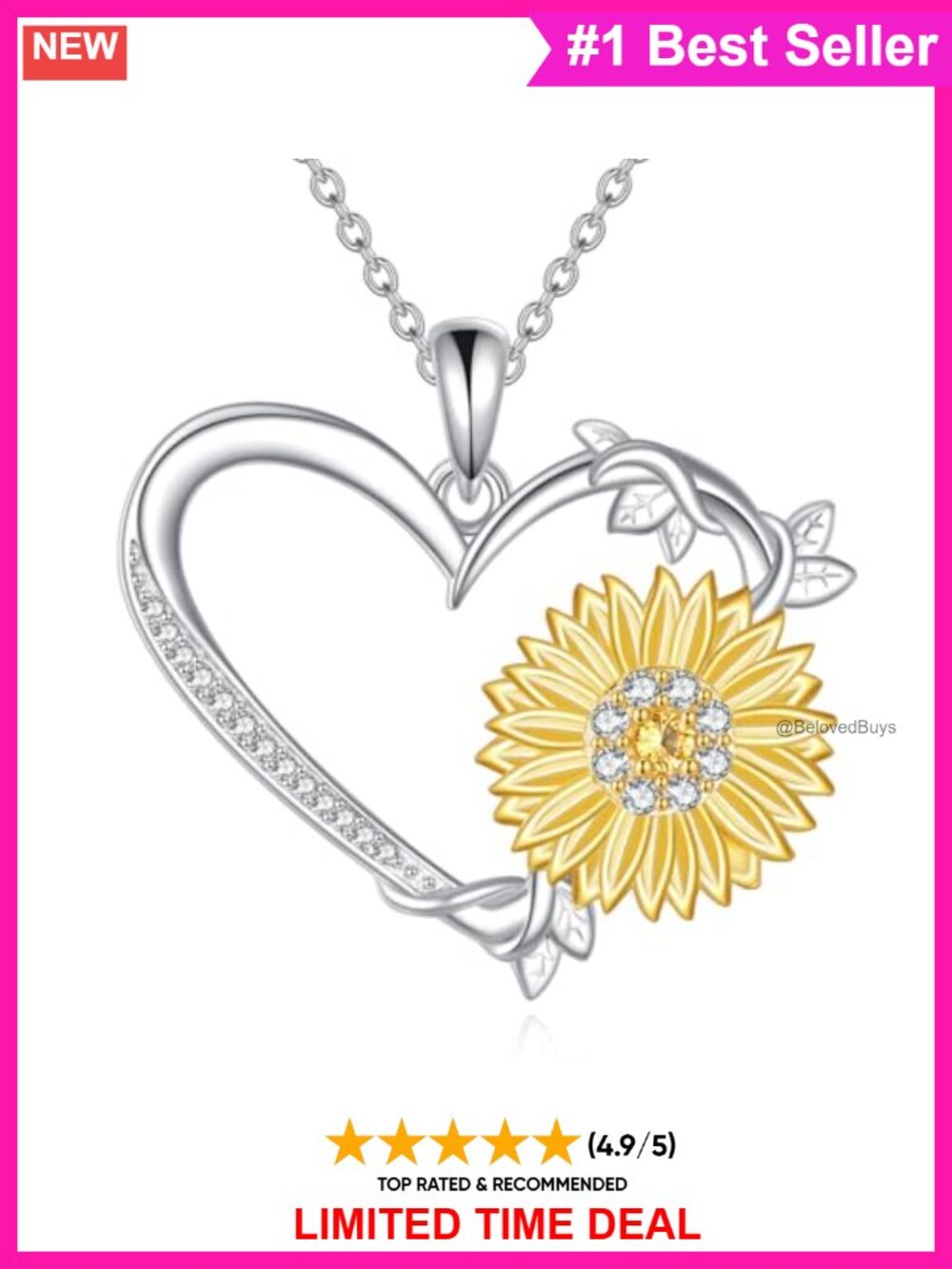 S925 Sterling Silver Sunflower Heart Pendant Necklace Cubic Zirconia 18+2"